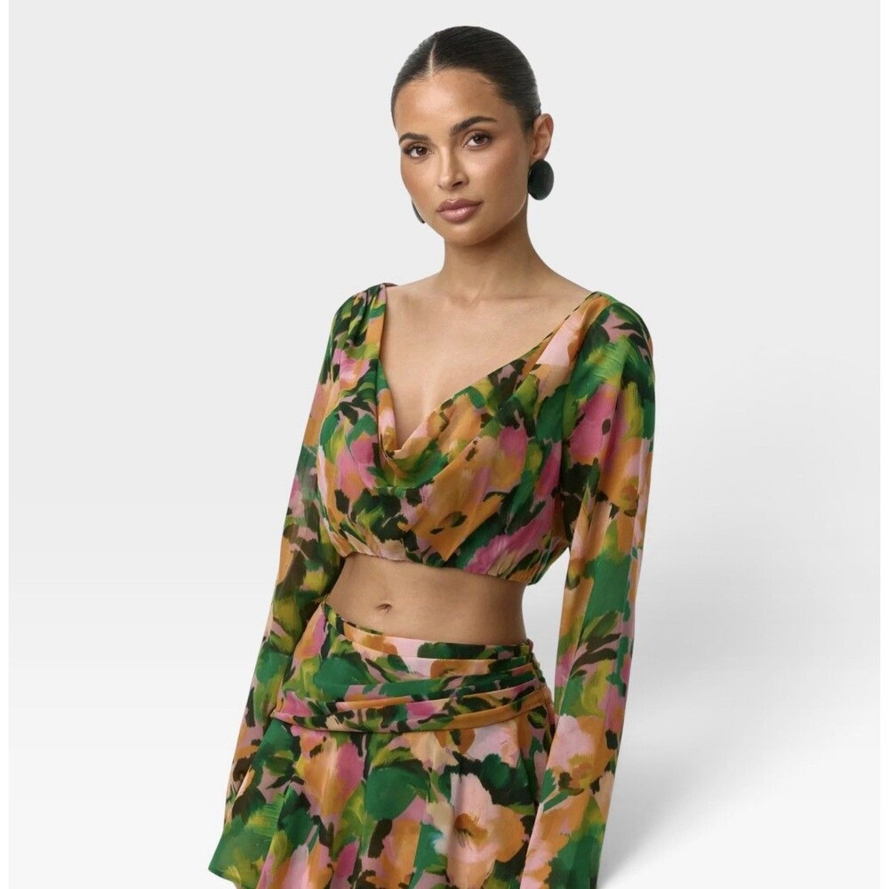 NWT Naked Wardrobe Floral Long Sleeve Chiffon Draped Front Crop Top Size M NEW